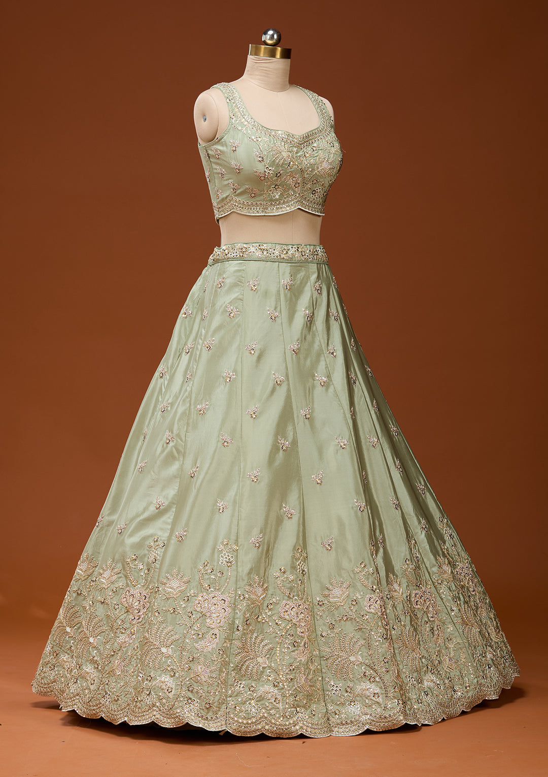 Pista Green Cording Satin Readymade Lehenga