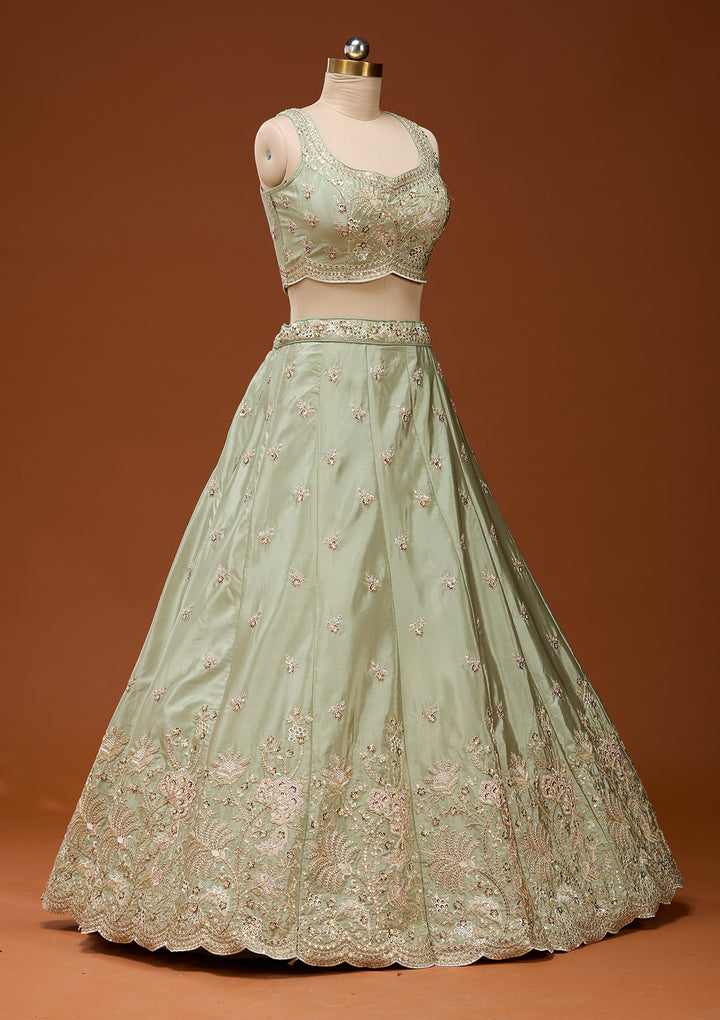 Pista Green Cording Satin Readymade Lehenga