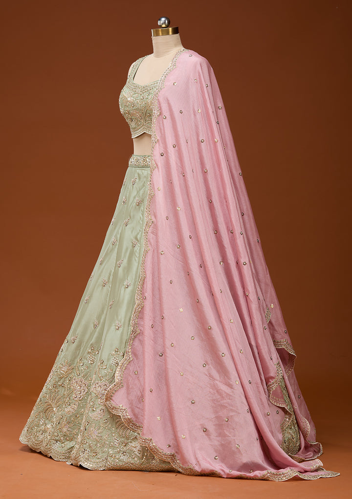 Pista Green Cording Satin Readymade Lehenga