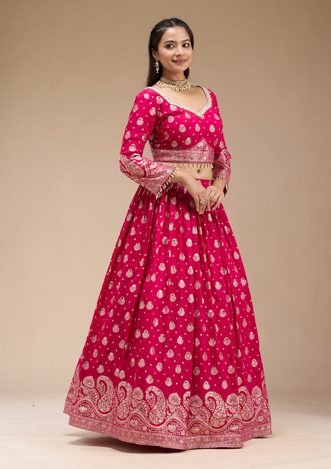 Magenta Pink Mirrorwork Soft Raw Silk Readymade Lehenga