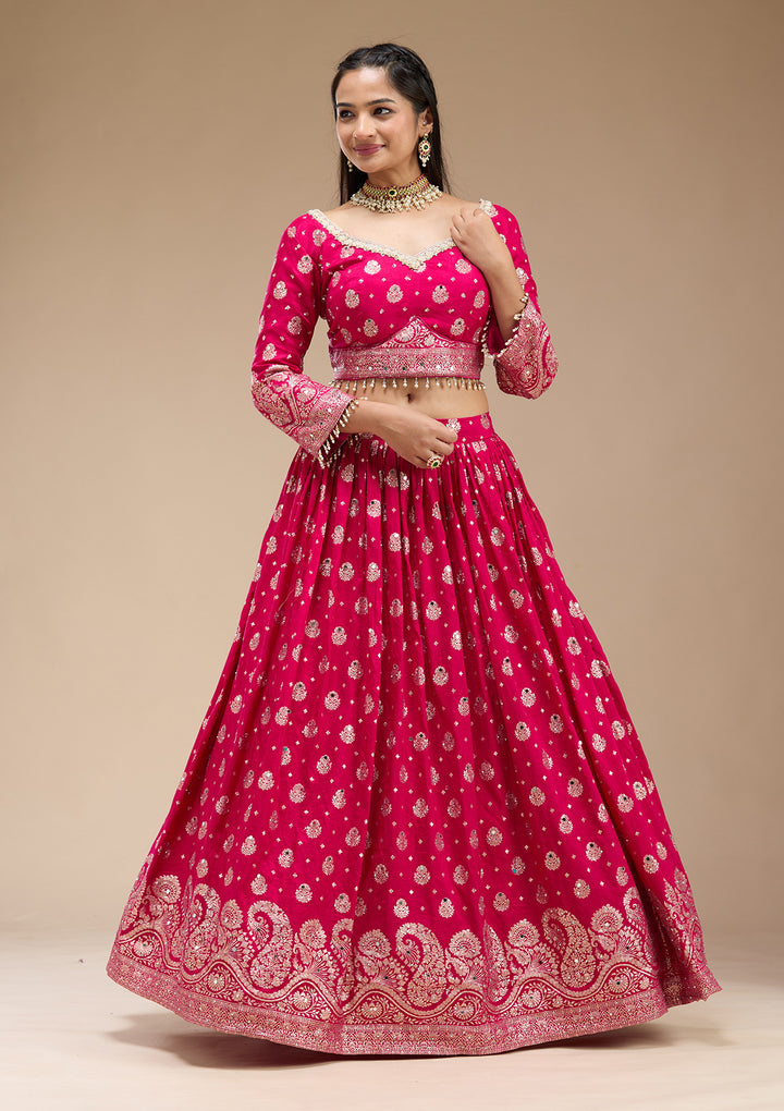 Magenta Pink Mirrorwork Soft Raw Silk Readymade Lehenga