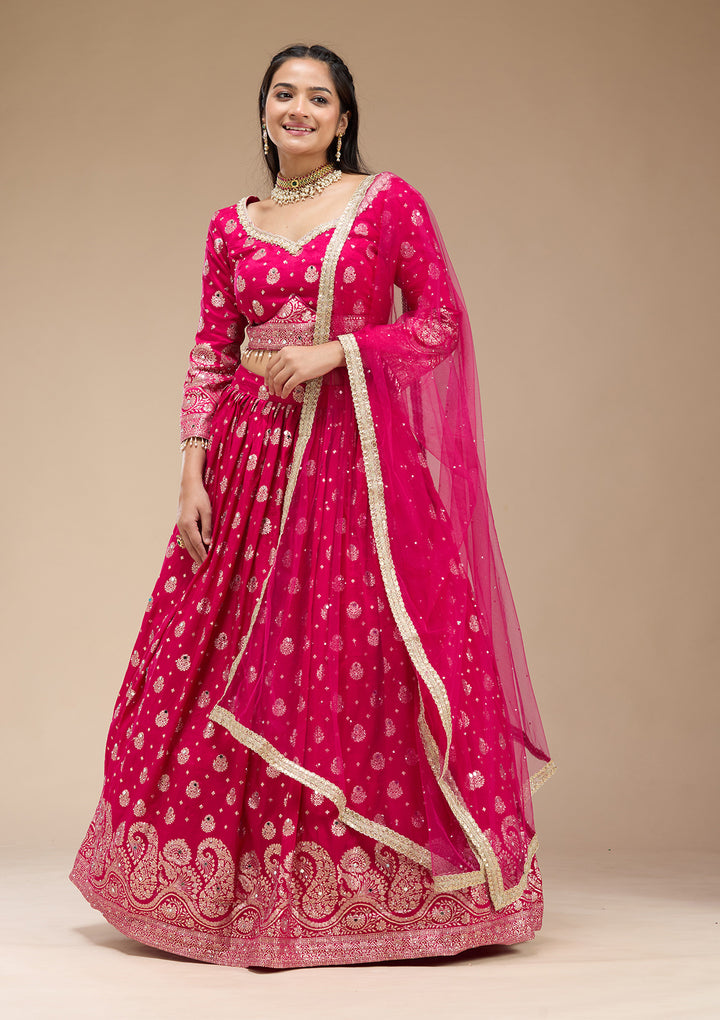 Magenta Pink Mirrorwork Soft Raw Silk Readymade Lehenga