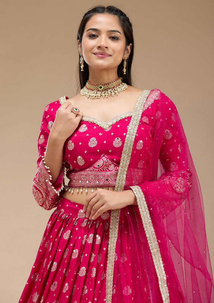 Magenta Pink Mirrorwork Soft Raw Silk Readymade Lehenga