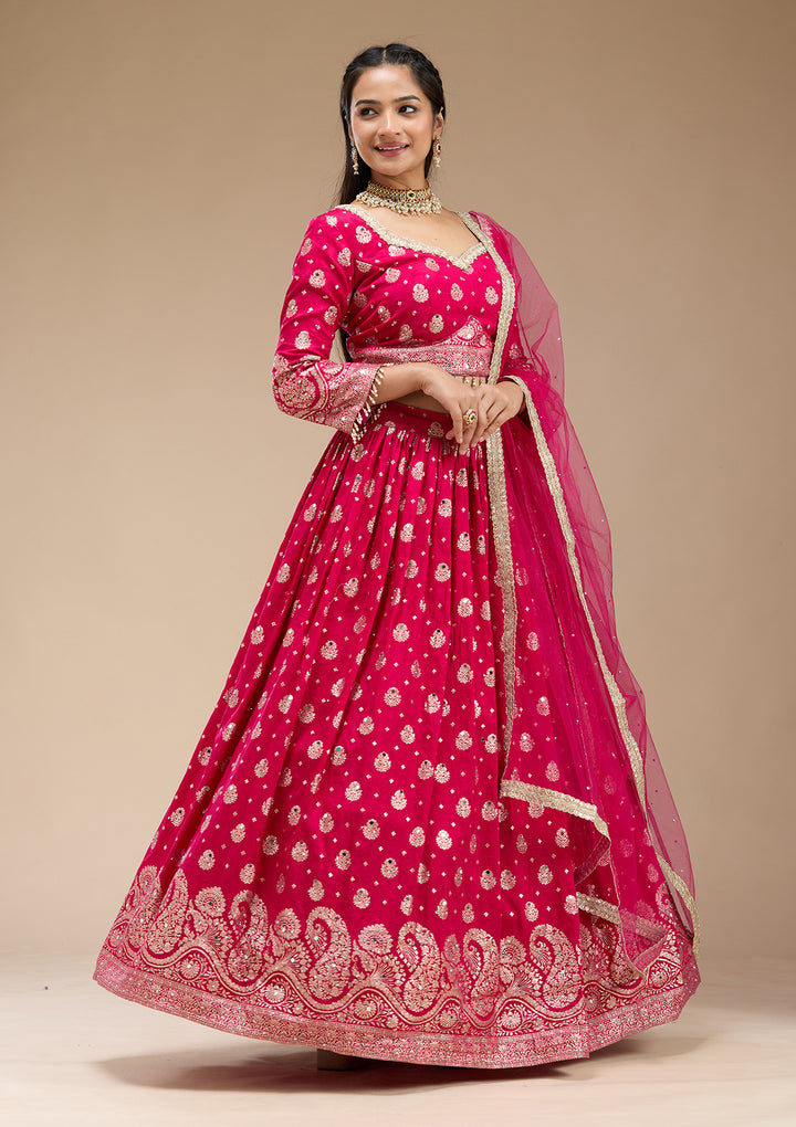 Magenta Pink Mirrorwork Soft Raw Silk Readymade Lehenga