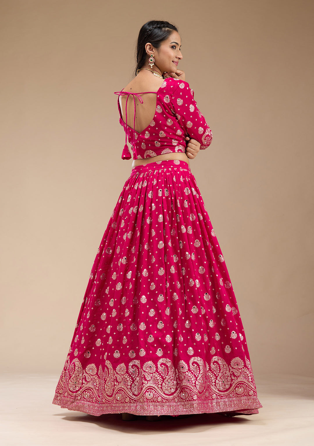 Magenta Pink Mirrorwork Soft Raw Silk Readymade Lehenga