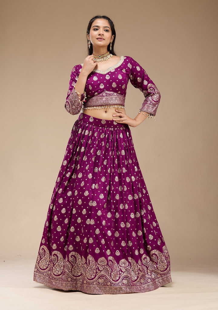 Mirrorwork Purple Silk Stitched Lehenga Blouse With Dupatta