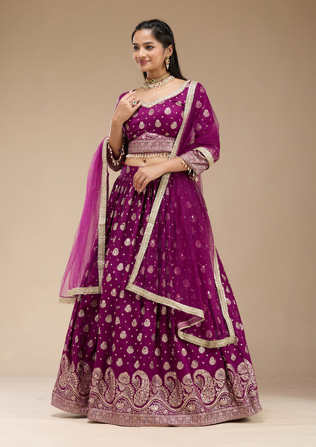 Mirrorwork Purple Silk Stitched Lehenga Blouse With Dupatta