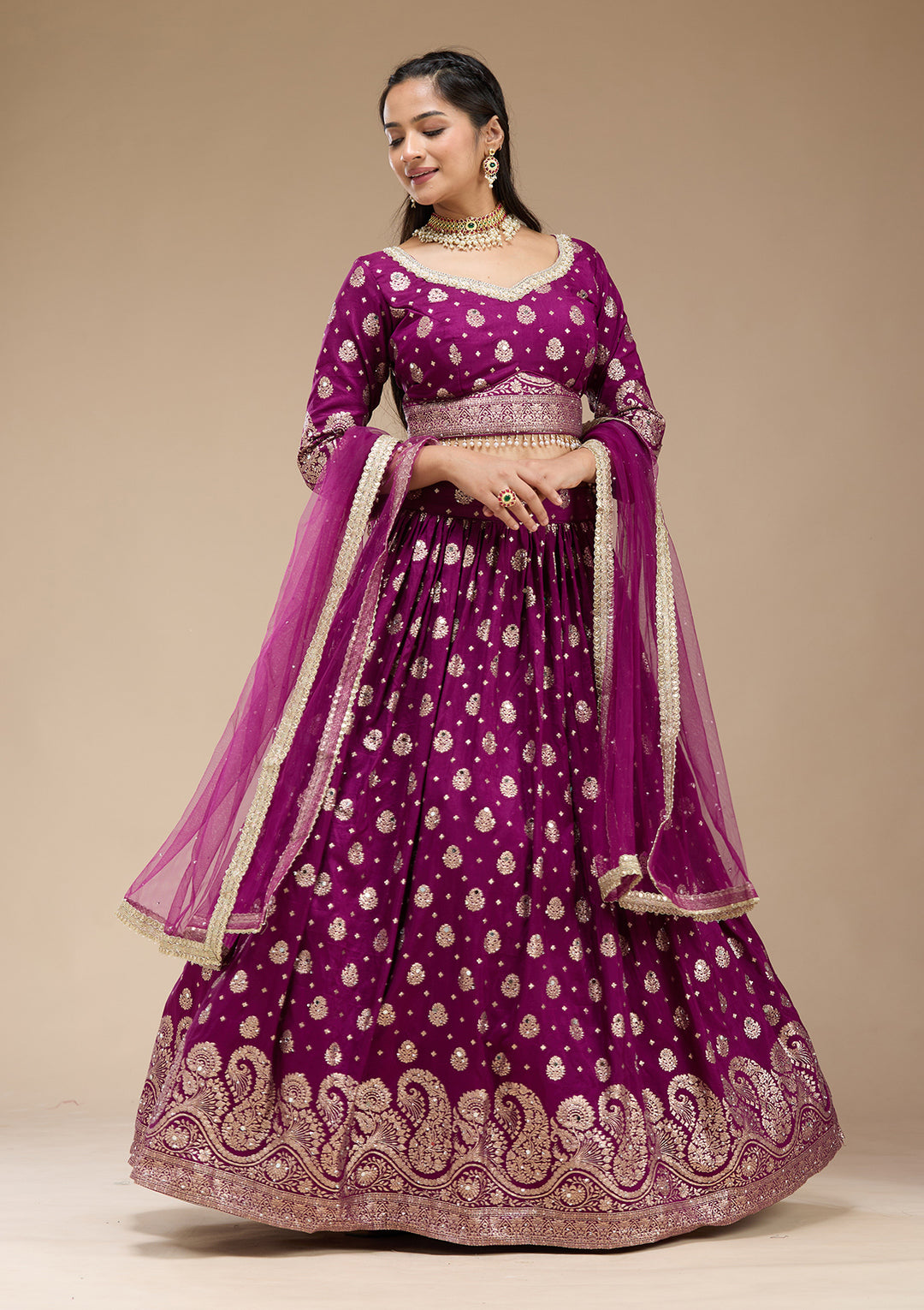 Mirrorwork Purple Silk Stitched Lehenga Blouse With Dupatta