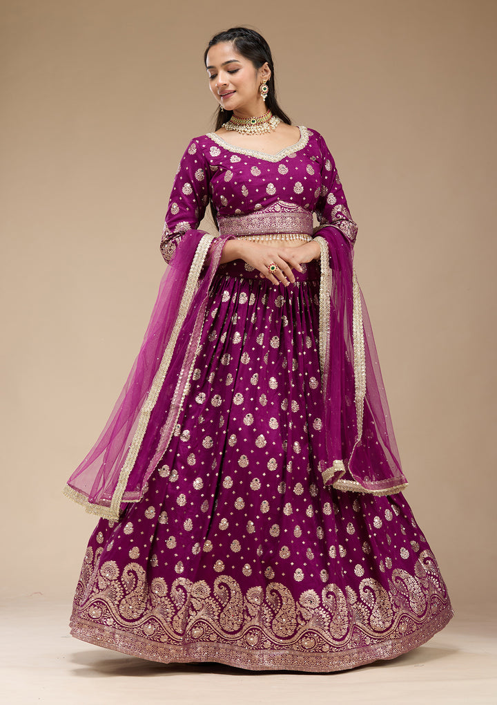 Mirrorwork Purple Silk Stitched Lehenga Blouse With Dupatta