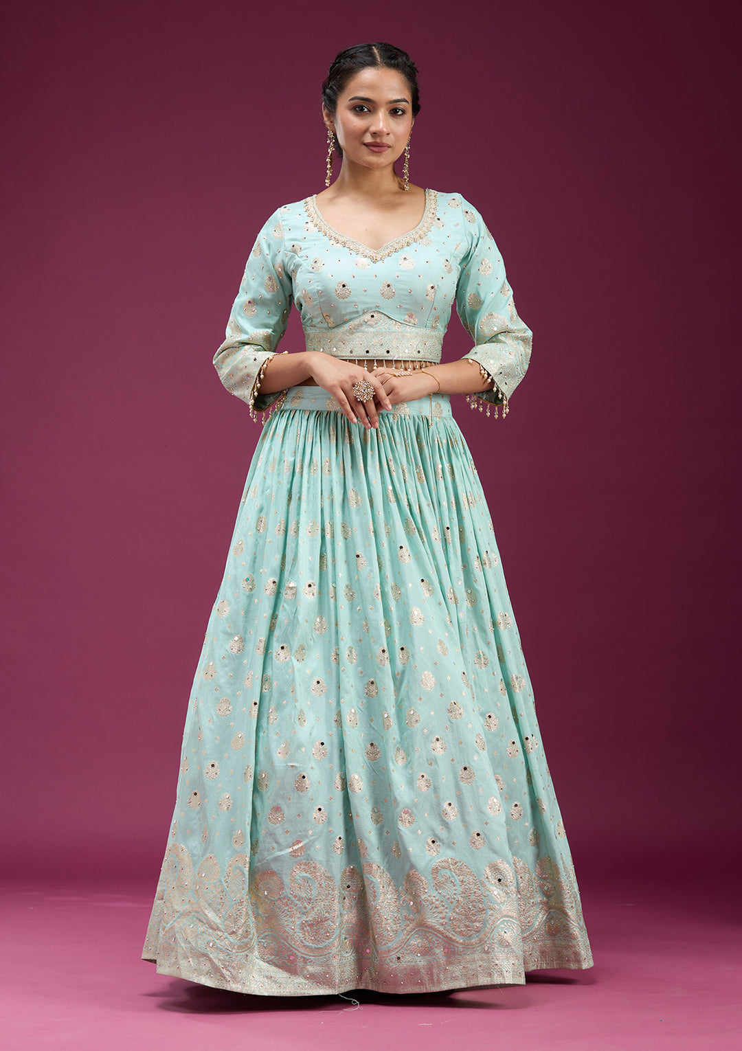 Sky Blue Mirrorwork Banarasi Readymade Lehenga