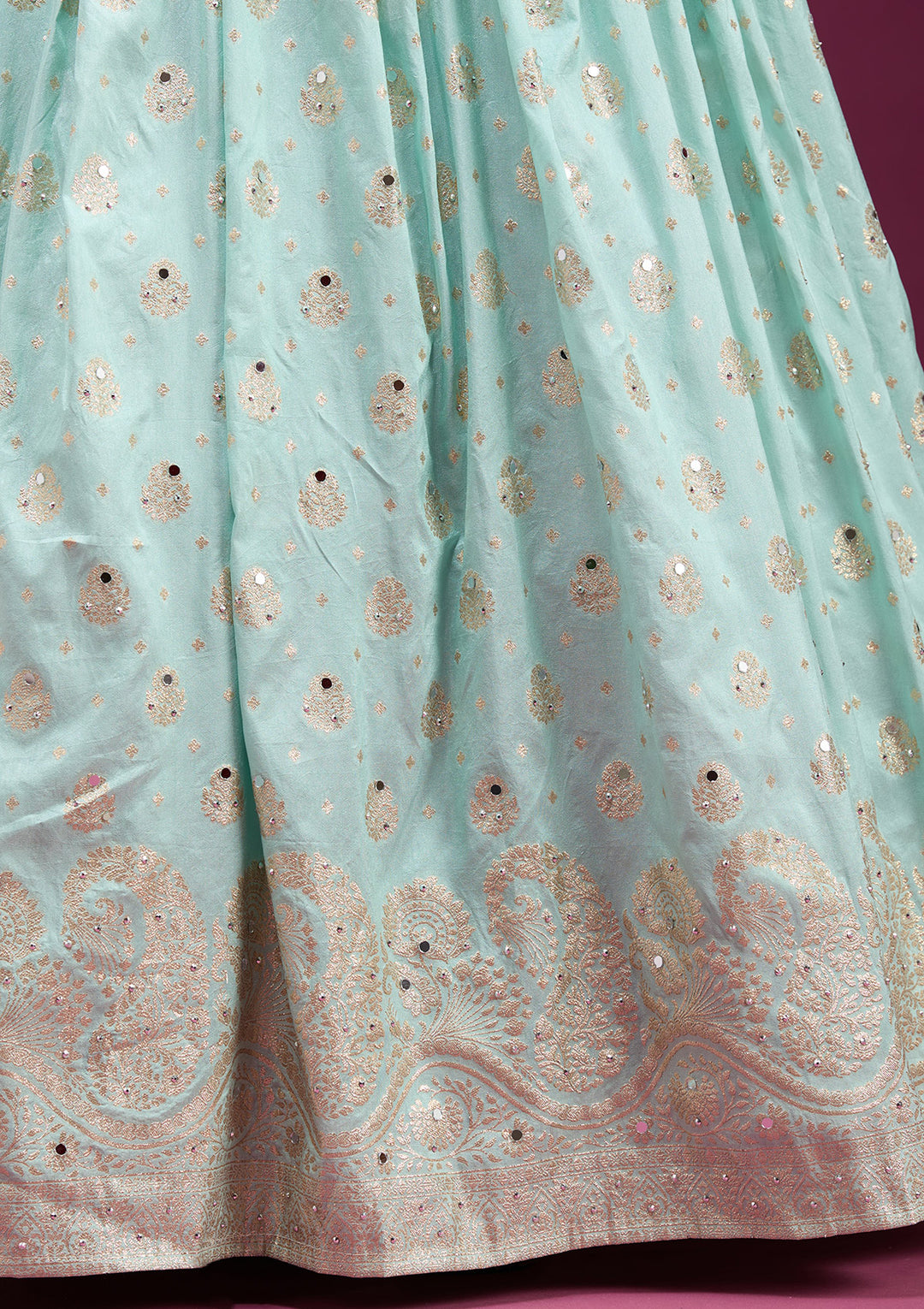 Sky Blue Mirrorwork Banarasi Readymade Lehenga
