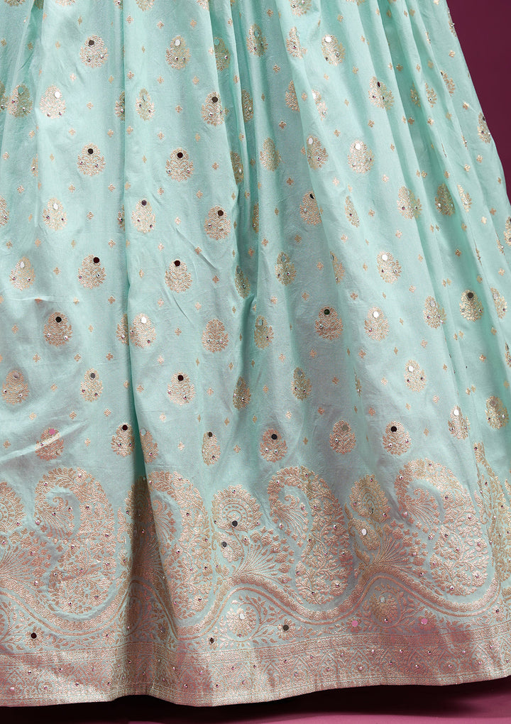 Sky Blue Mirrorwork Banarasi Readymade Lehenga