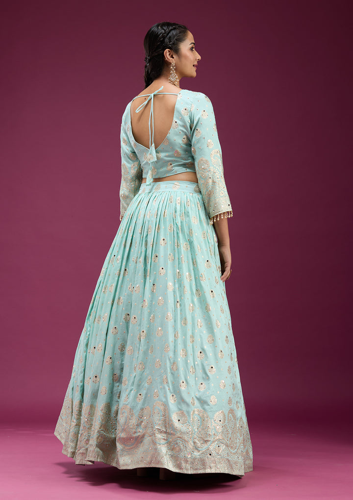 Sky Blue Mirrorwork Banarasi Readymade Lehenga