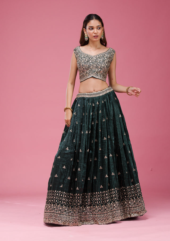 Gold Zariwork Bottle Green Tissue Stitched Lehenga Blouse With Dupatta