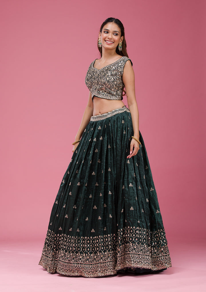 Gold Zariwork Bottle Green Tissue Stitched Lehenga Blouse With Dupatta