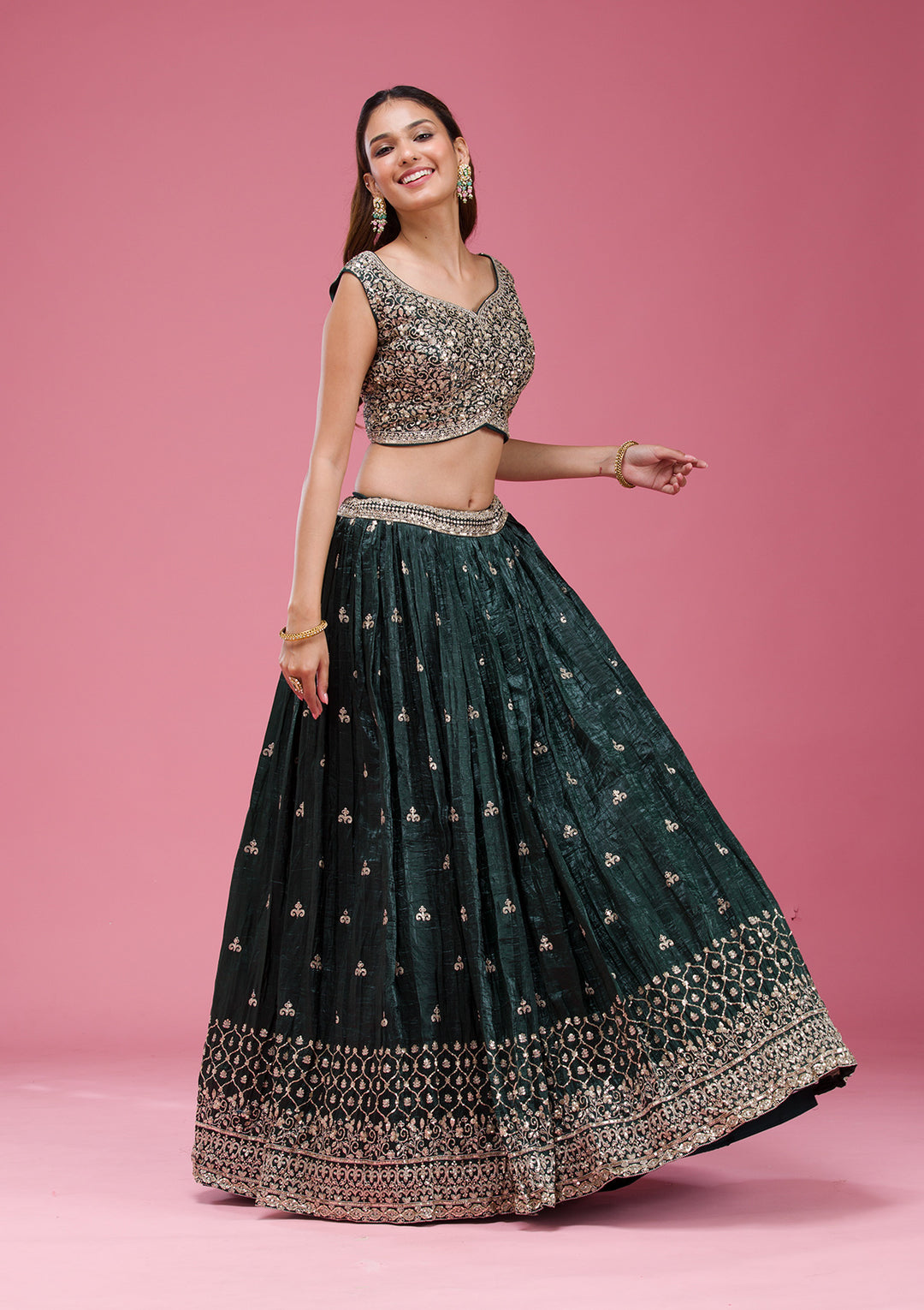 Gold Zariwork Bottle Green Tissue Stitched Lehenga Blouse With Dupatta