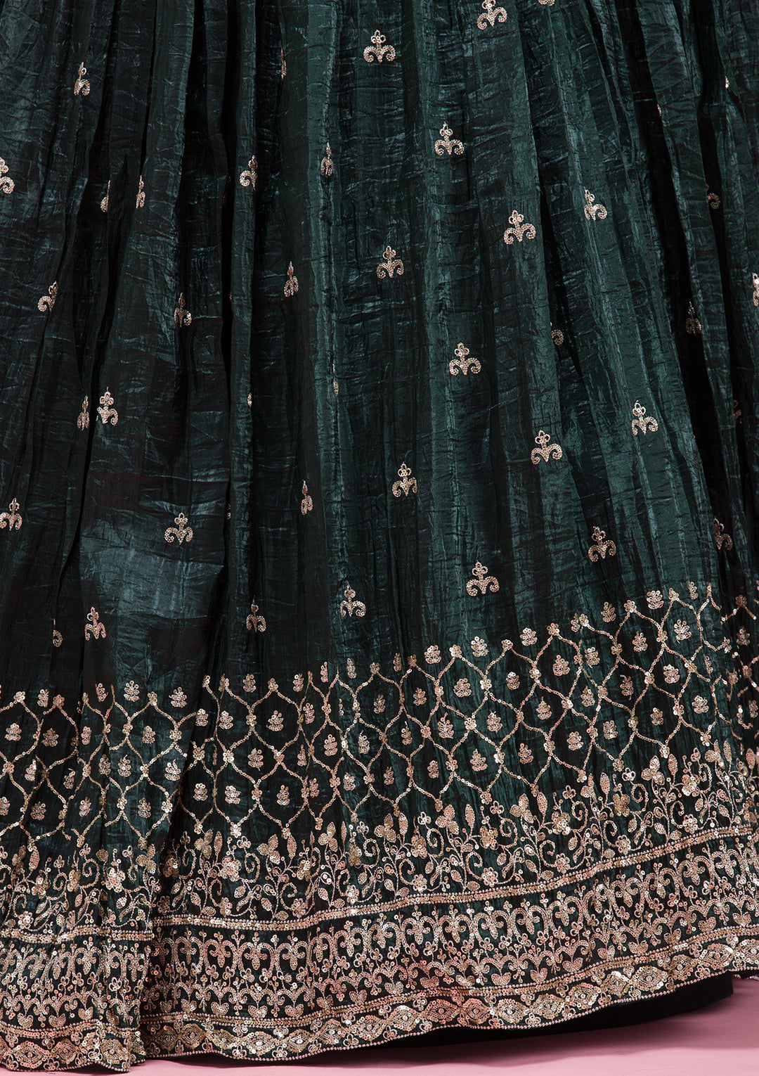 Gold Zariwork Bottle Green Tissue Stitched Lehenga Blouse With Dupatta