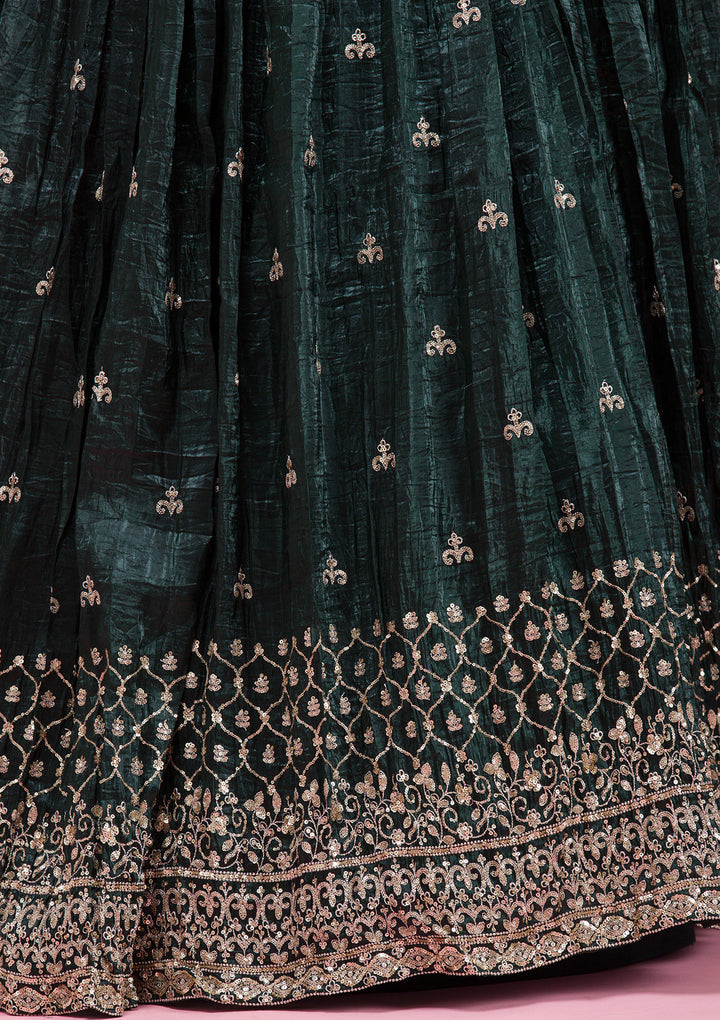 Gold Zariwork Bottle Green Tissue Stitched Lehenga Blouse With Dupatta