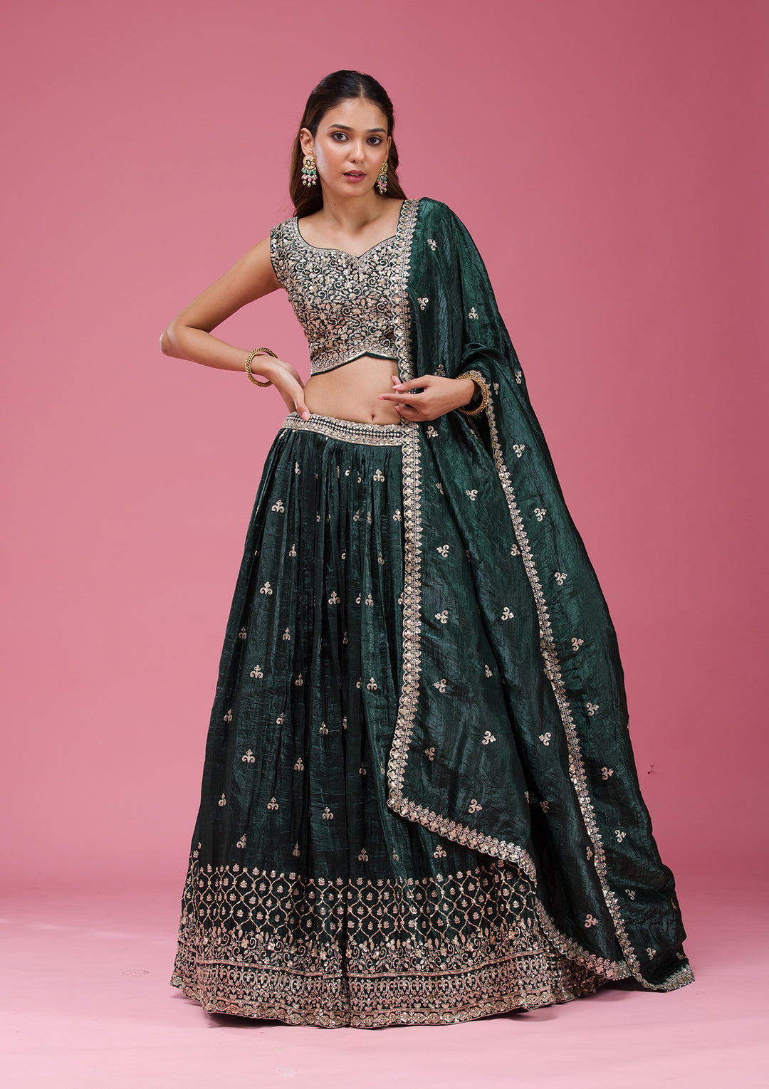 Gold Zariwork Bottle Green Tissue Stitched Lehenga Blouse With Dupatta