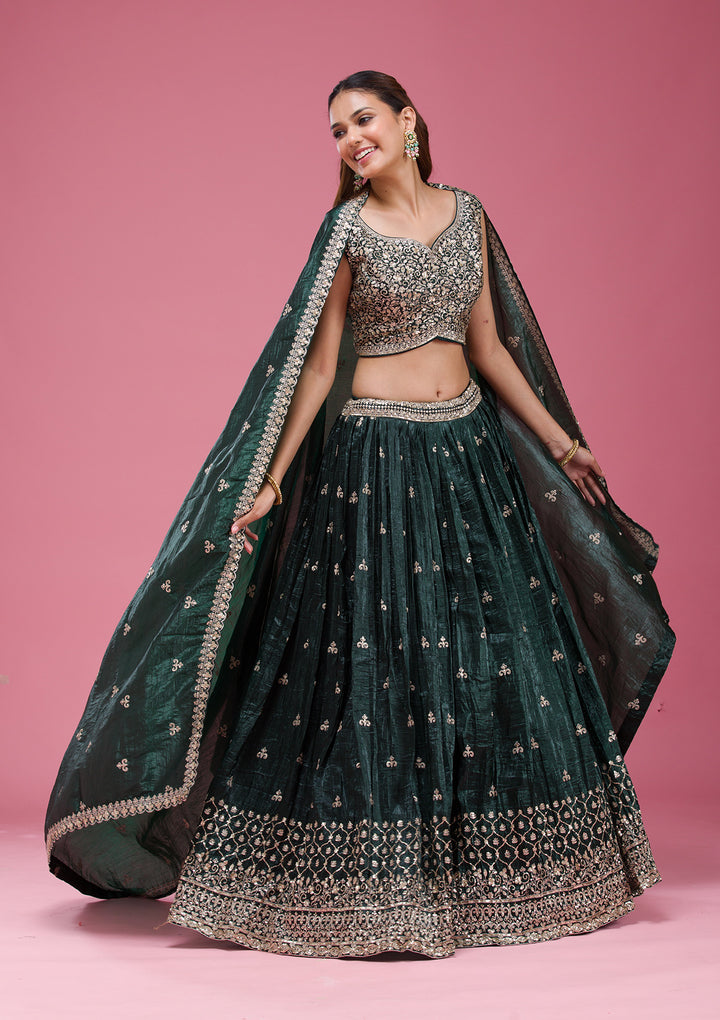 Gold Zariwork Bottle Green Tissue Stitched Lehenga Blouse With Dupatta