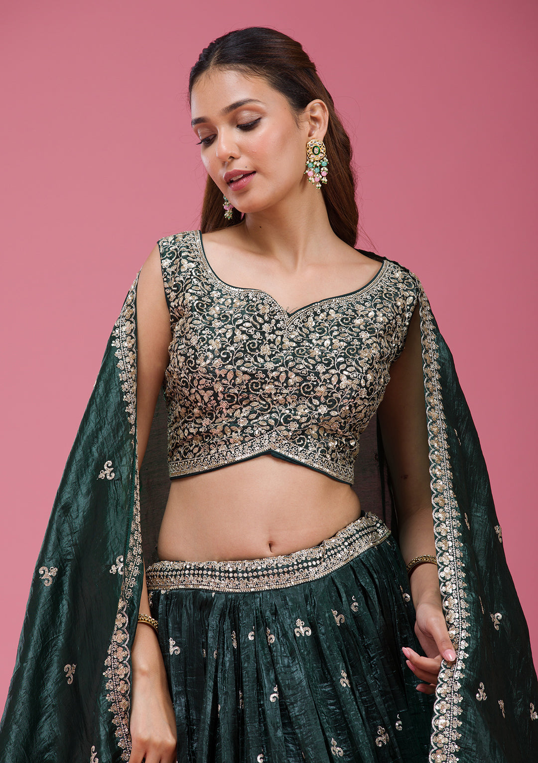 Gold Zariwork Bottle Green Tissue Stitched Lehenga Blouse With Dupatta