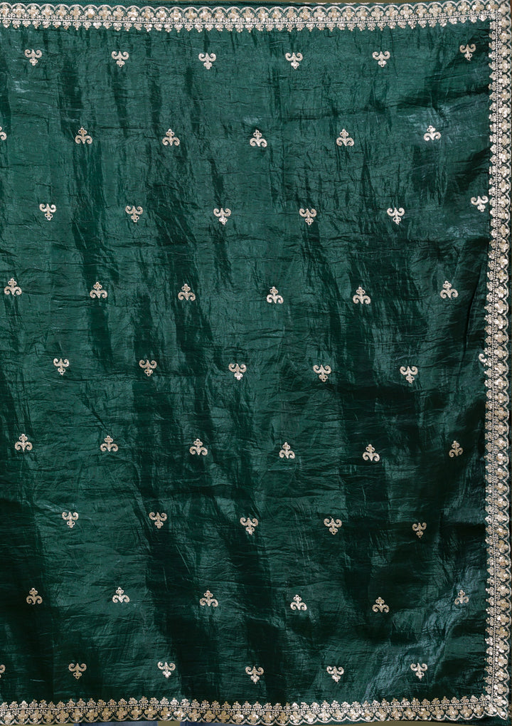 Gold Zariwork Bottle Green Tissue Stitched Lehenga Blouse With Dupatta