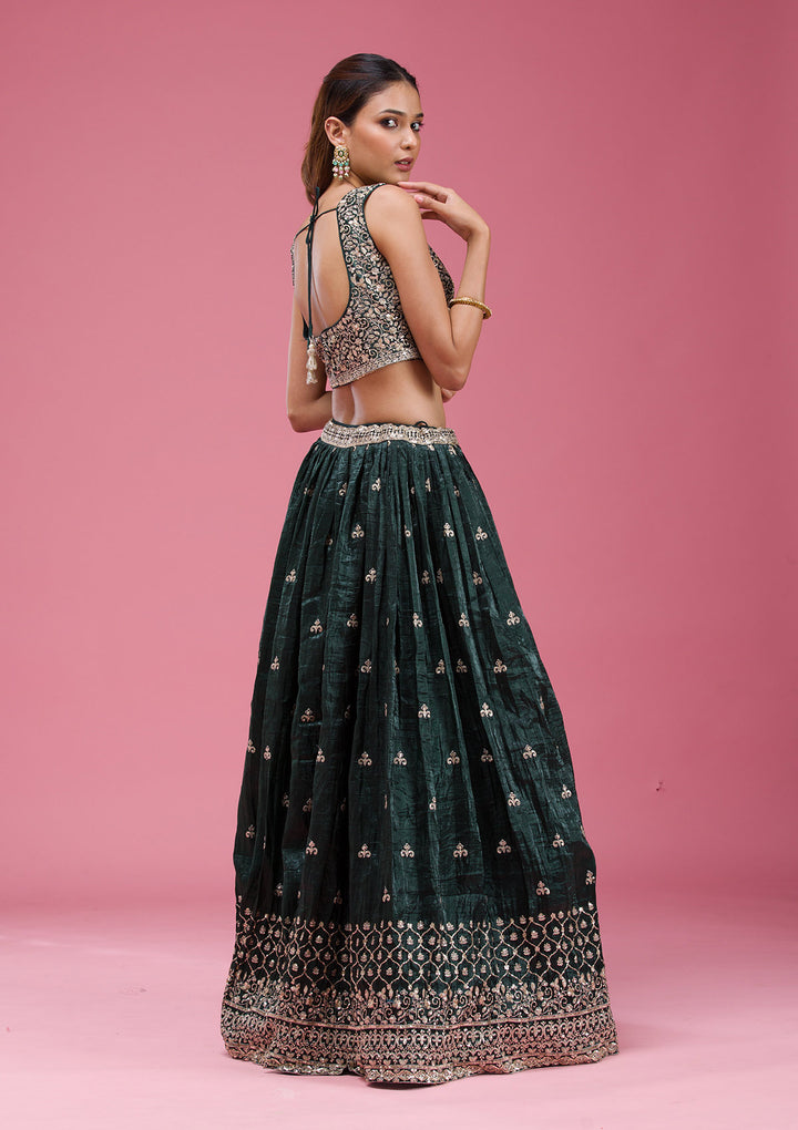 Gold Zariwork Bottle Green Tissue Stitched Lehenga Blouse With Dupatta