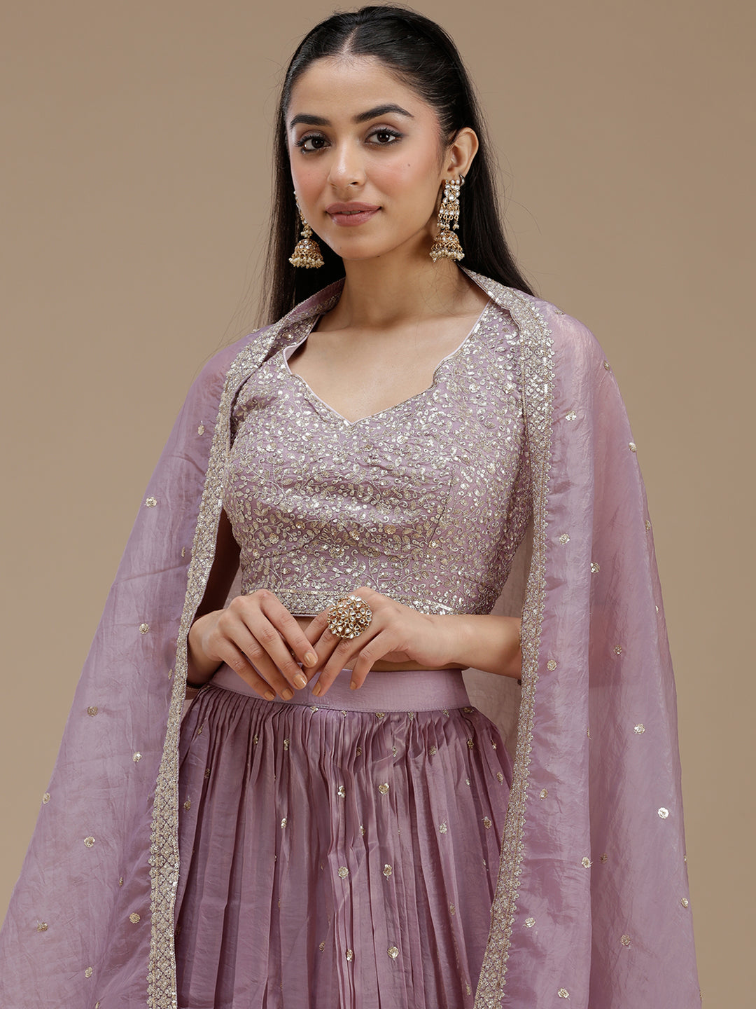 Lavender Zariwork (Gold) Tissue Readymade Lehenga