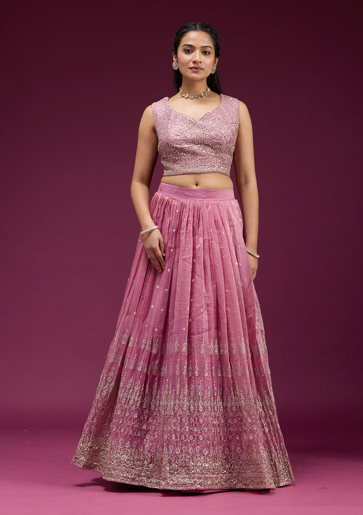 Onion Pink Sequins Organza Readymade Lehenga