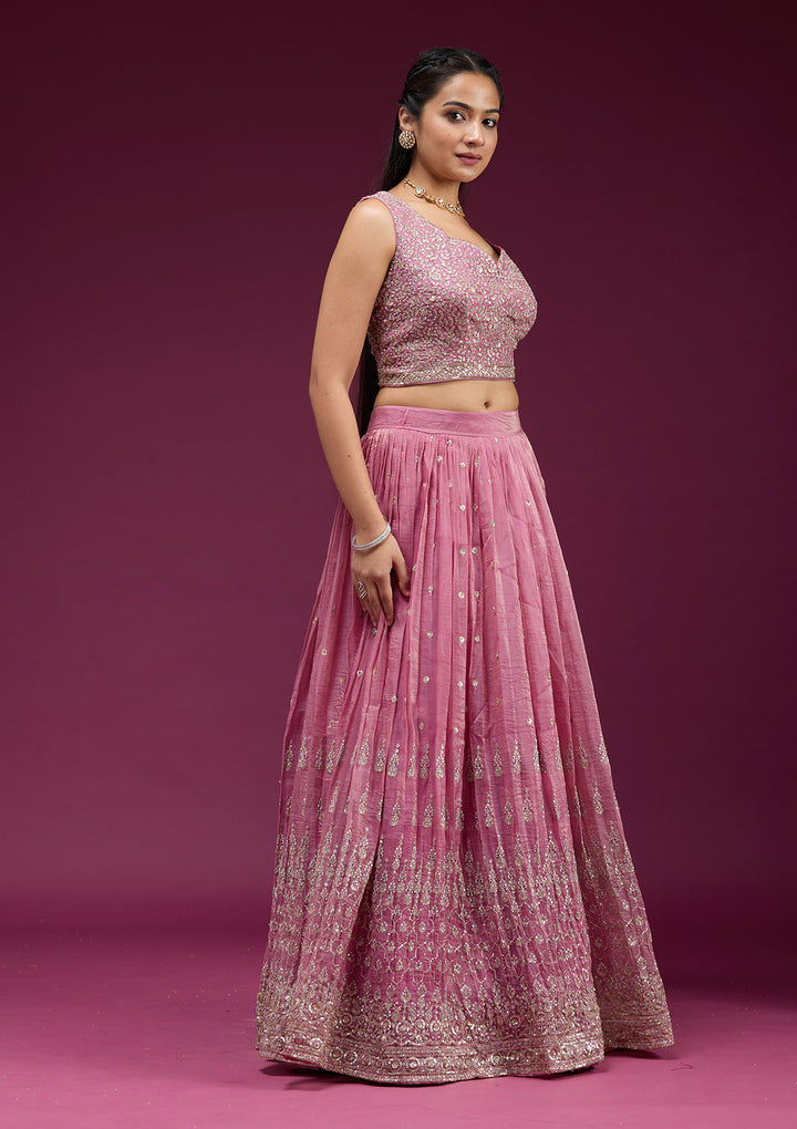 Onion Pink Sequins Organza Readymade Lehenga