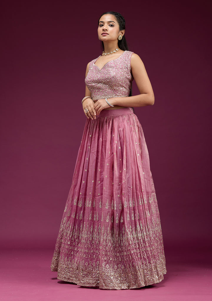 Onion Pink Sequins Organza Readymade Lehenga