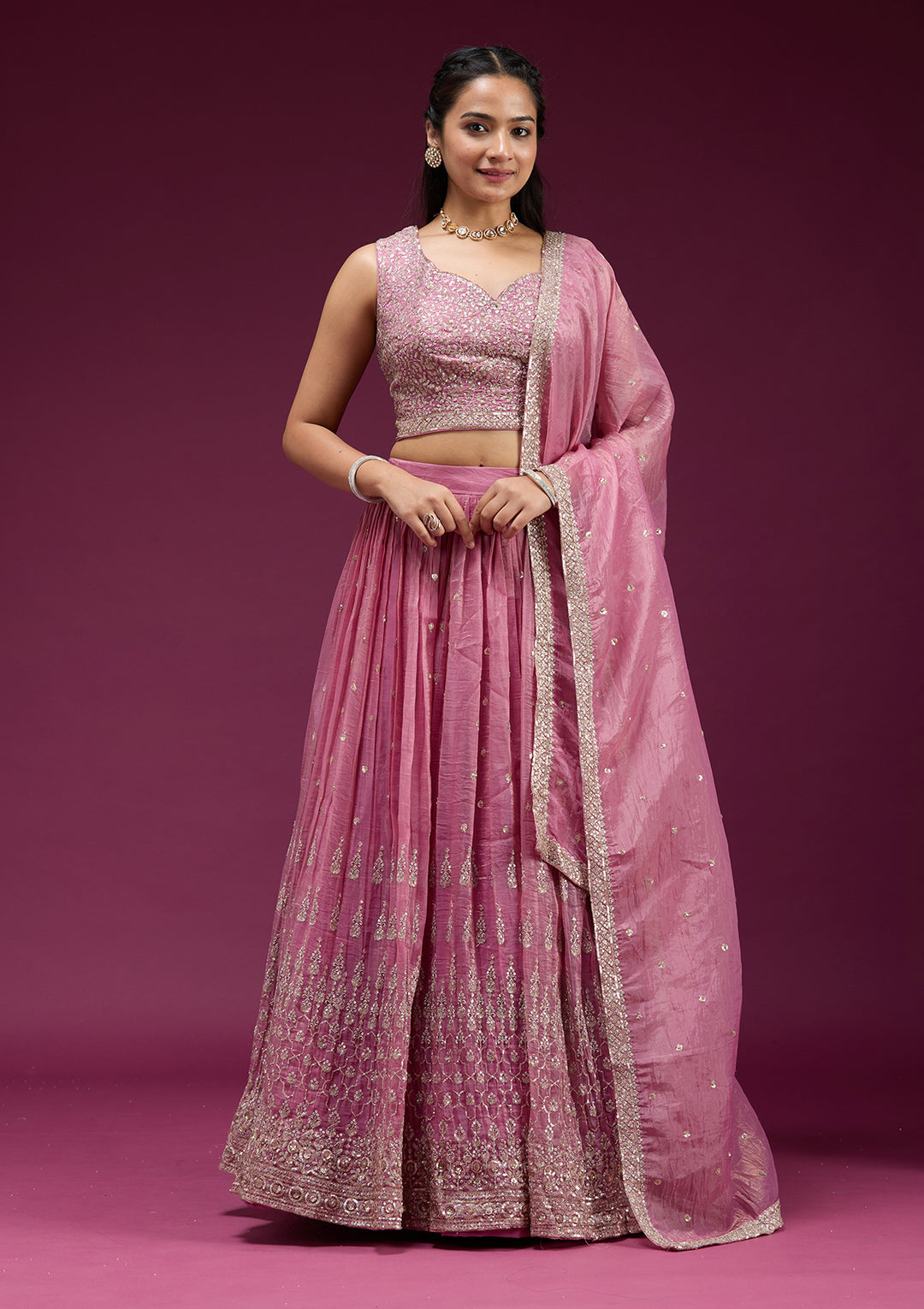 Onion Pink Sequins Organza Readymade Lehenga