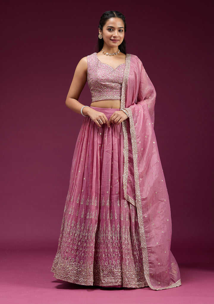 Onion Pink Sequins Organza Readymade Lehenga