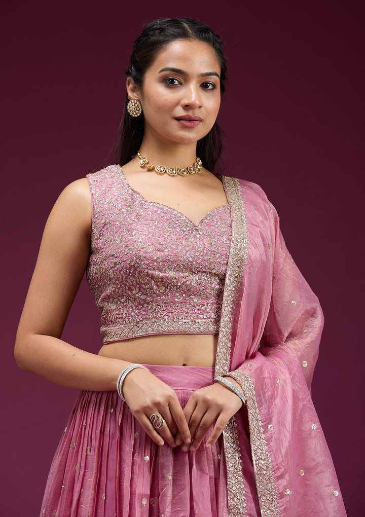 Onion Pink Sequins Organza Readymade Lehenga