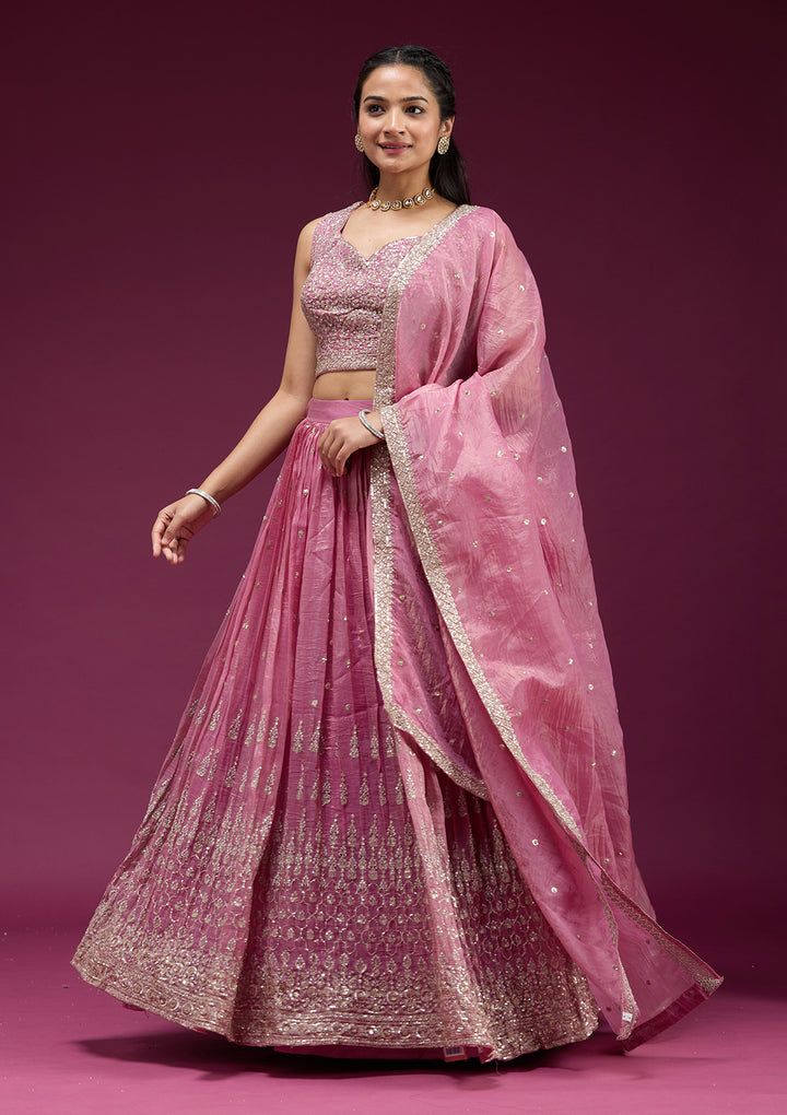 Onion Pink Sequins Organza Readymade Lehenga