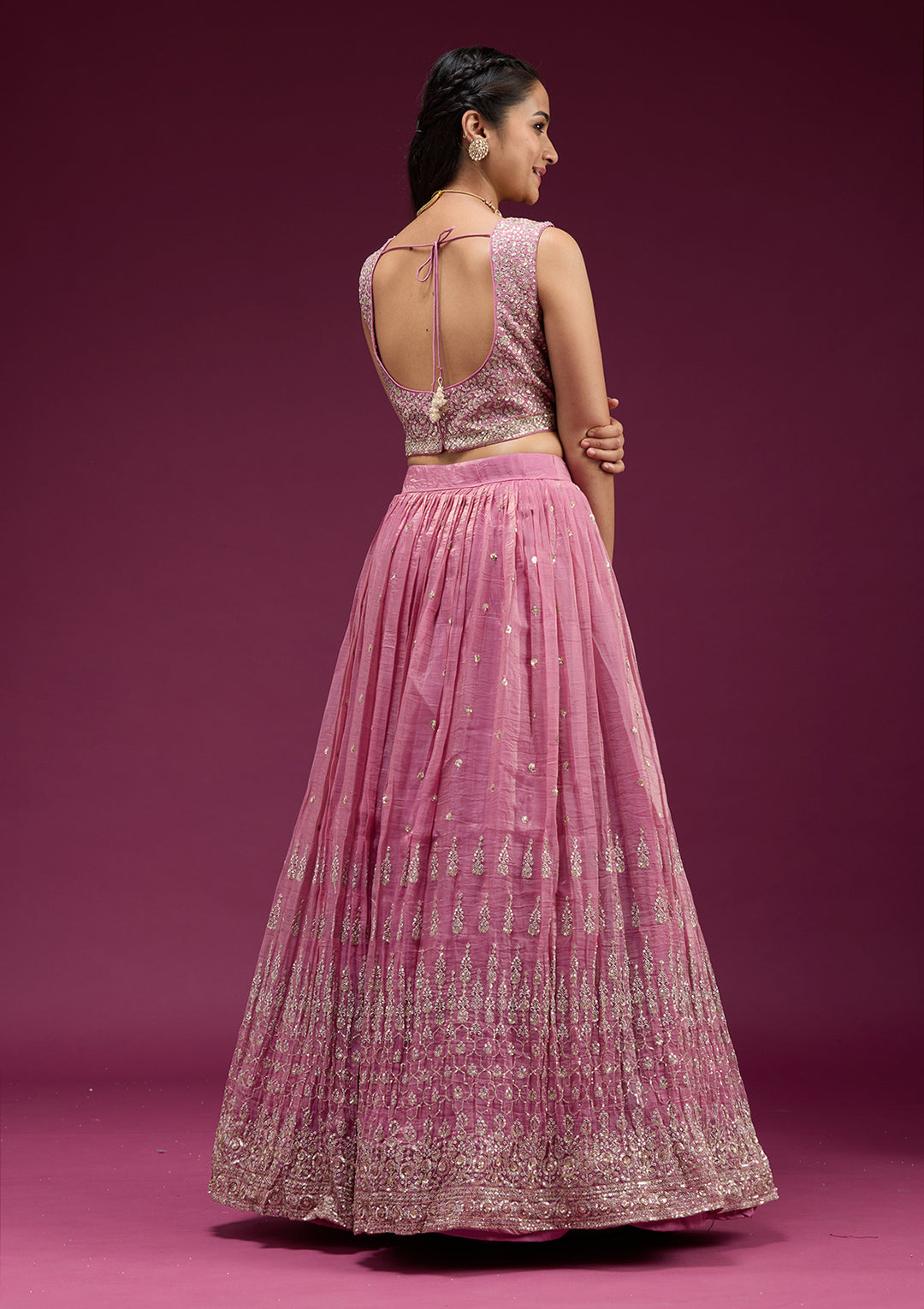 Onion Pink Sequins Organza Readymade Lehenga