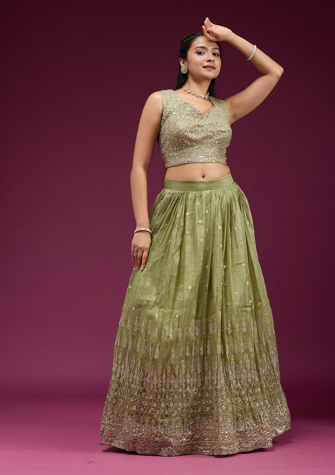 Pista Green Sequins Organza Readymade Lehenga