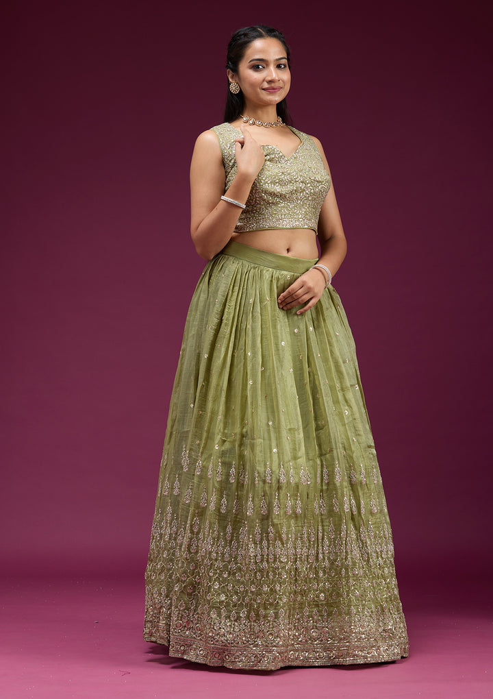 Pista Green Sequins Organza Readymade Lehenga