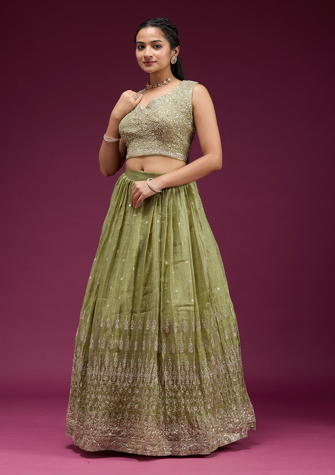 Pista Green Sequins Organza Readymade Lehenga