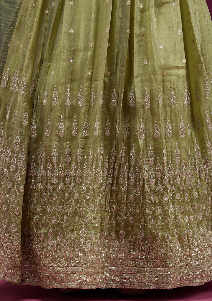 Pista Green Sequins Organza Readymade Lehenga