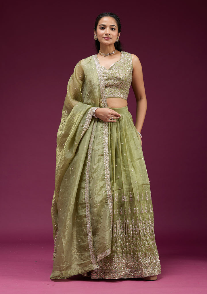 Pista Green Sequins Organza Readymade Lehenga