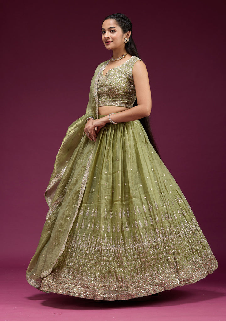 Pista Green Sequins Organza Readymade Lehenga