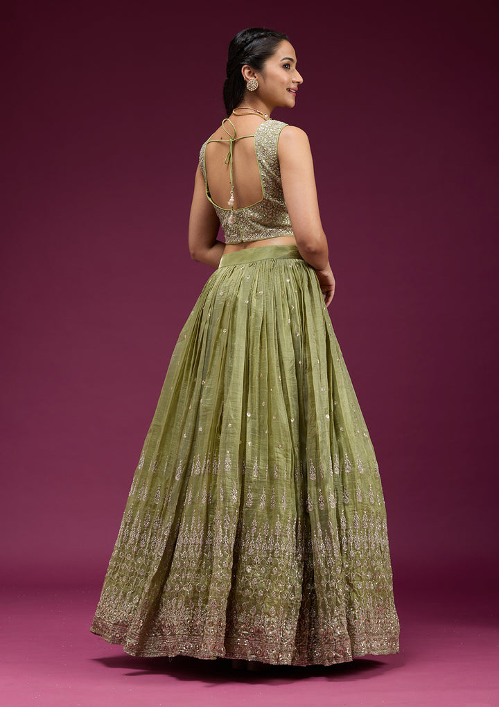 Pista Green Sequins Organza Readymade Lehenga