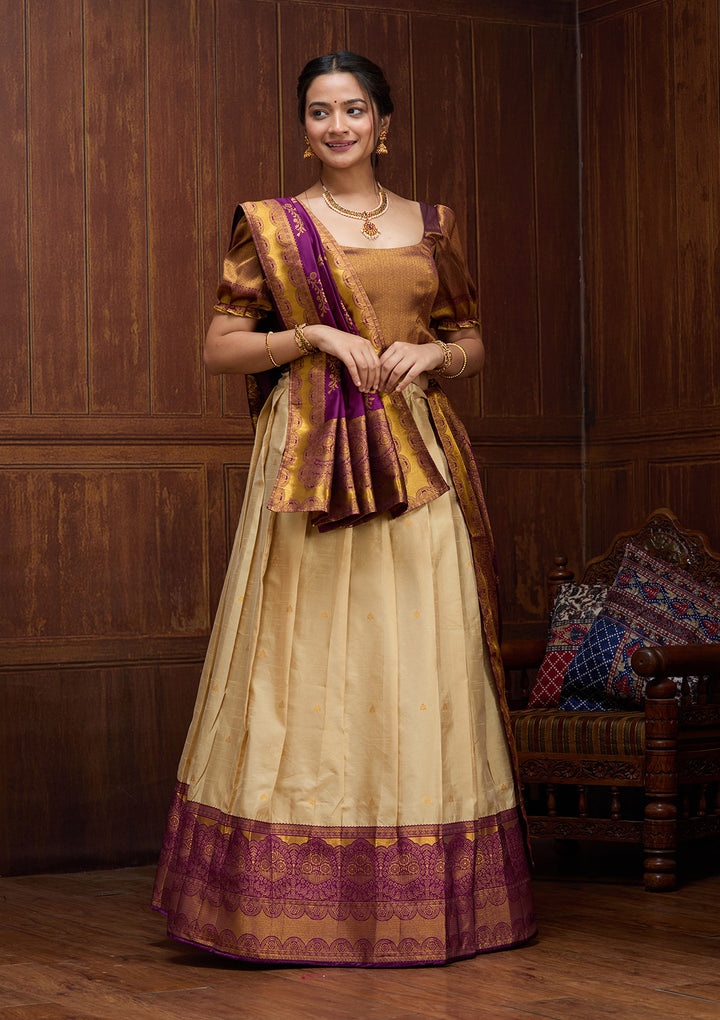 Beige  Banarasi Semi-Stitched Lehenga