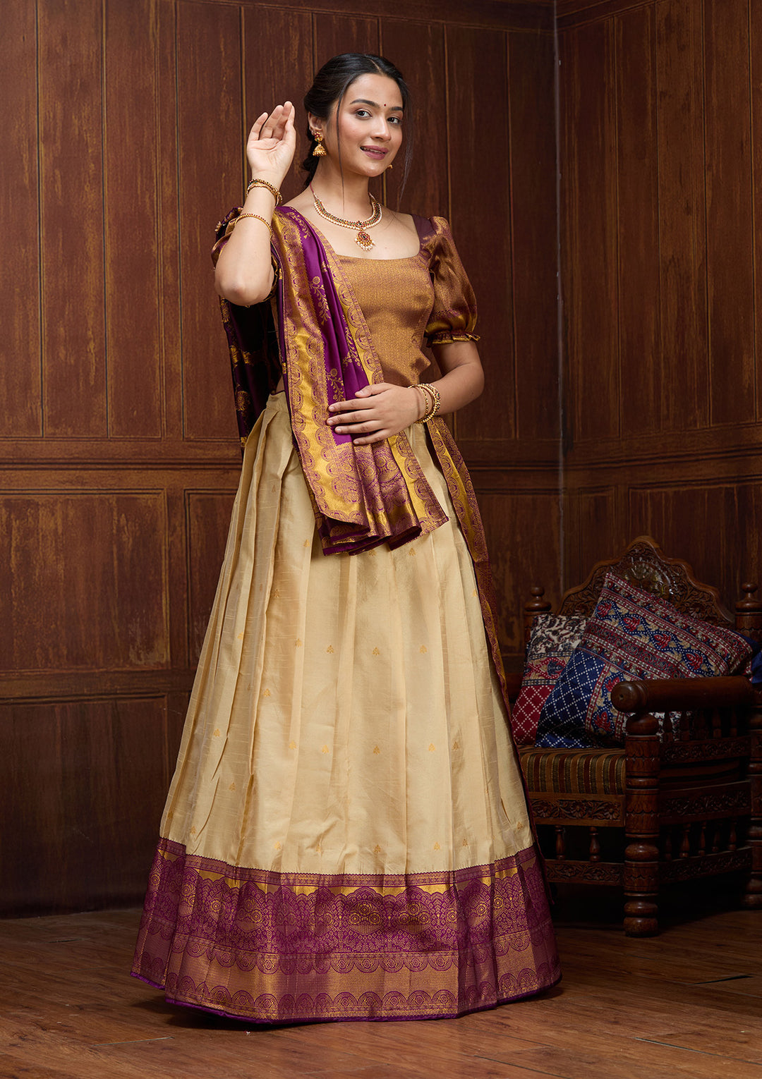 Beige  Banarasi Semi-Stitched Lehenga