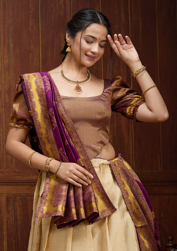 Beige  Banarasi Semi-Stitched Lehenga