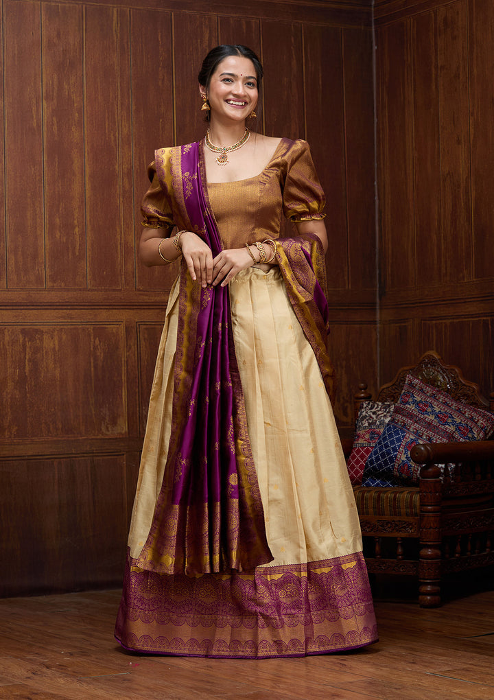 Beige  Banarasi Semi-Stitched Lehenga