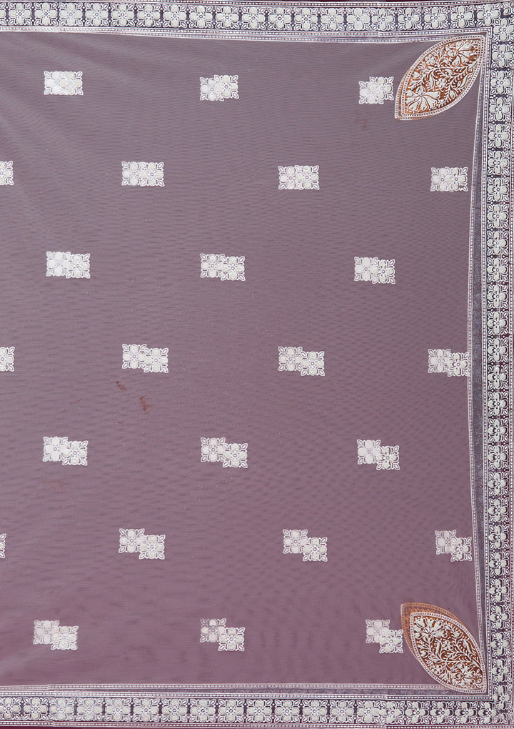 Pearlwork Beige Net Stitched Lehenga Blouse With Dupatta