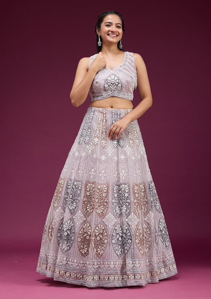 Pearlwork Beige Net Stitched Lehenga Blouse With Dupatta