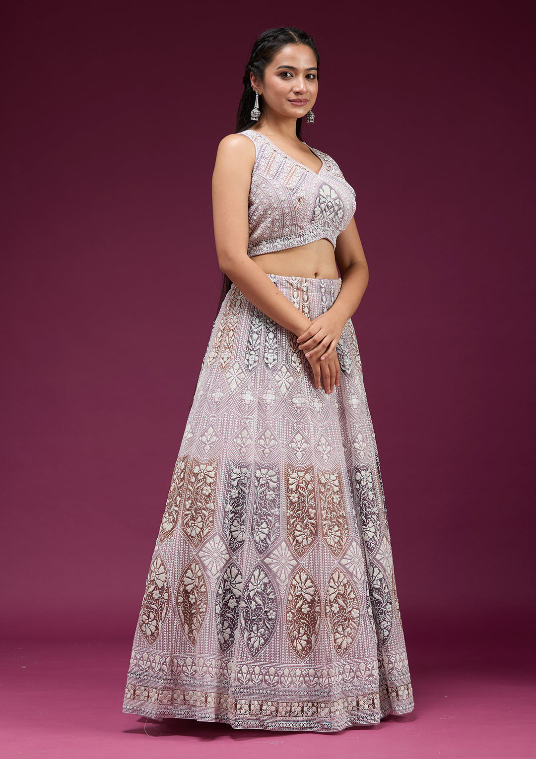 Pearlwork Beige Net Stitched Lehenga Blouse With Dupatta